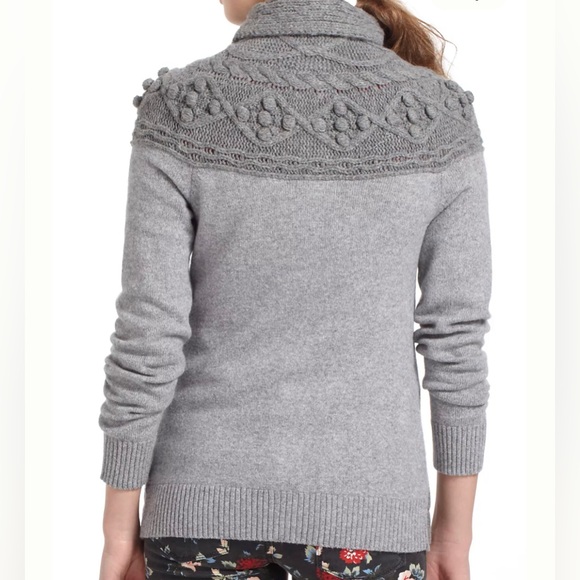 Anthropologie Sleeping On Snow Wool/Camel CablePom Cardigan Sweater Size Small - Picture 2 of 8